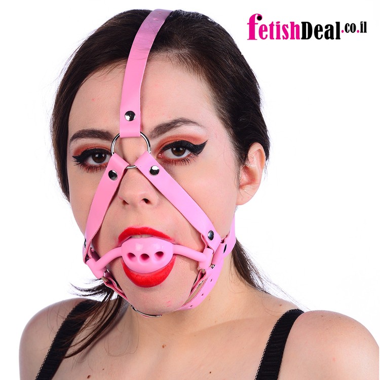 רתמת ראש מחסום פה וסנטר עם קולר דמוי עור ורוד עם גאג סיליקון ורוד