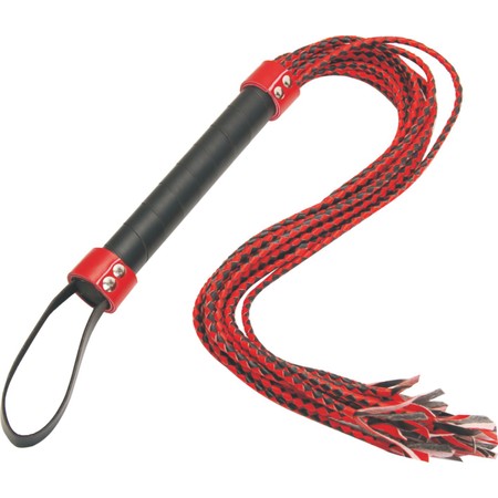​Black and red leather-like whip with braided tails