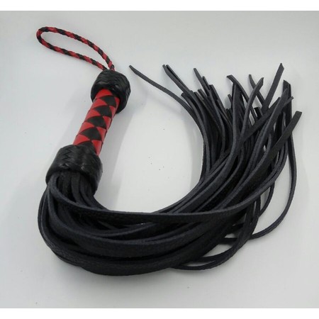 Leather​ Flogger with 36 hard tails with a short red handle for a comfortable grip​