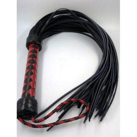 Leather flogger with 36 hard tails and a designed red handle​​