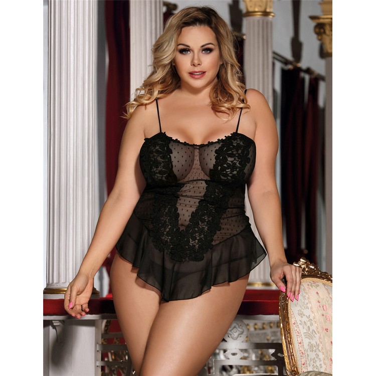 ​Black babydoll with floral lace - plus sizes​