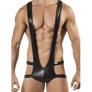 Revealing leather black body suit for men with shoulder straps