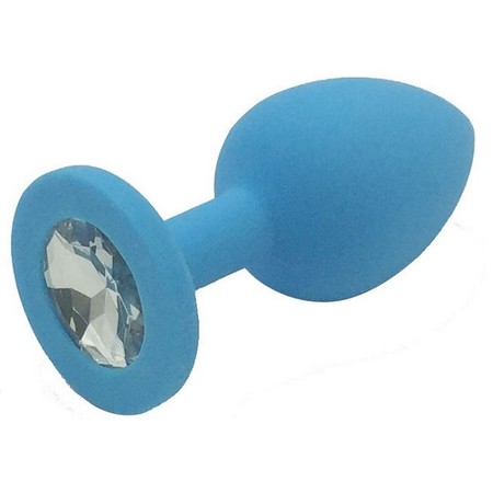 Medium blue silicone anal plug with silver decoration length 8.5 cm diameter 3.5 cm