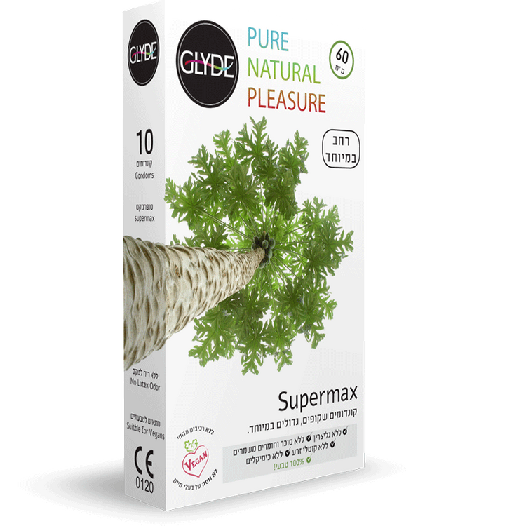 10 קונדומים שקופים גדולים וטבעיים רוחב 60 רחב במיוחד Glyde Supermax