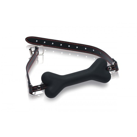 Hound gag black silicone in the shape of a bone for a puppy with a Master Series leather strap