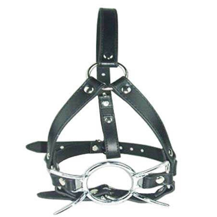 גאג עם רצועת ראש מעור ומתכת עם פה פתוח