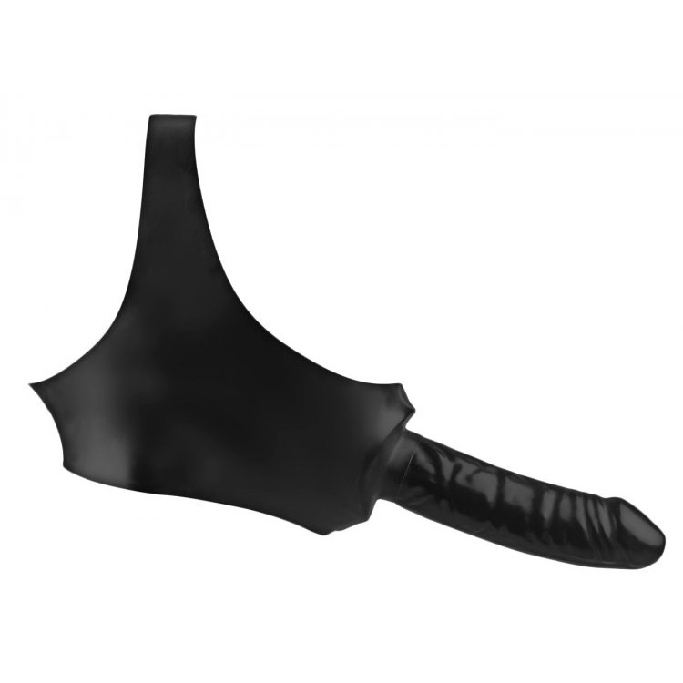 Fucker Mask סטרפאון מחסום לפה לטקס שחור עם דילדו Master Series