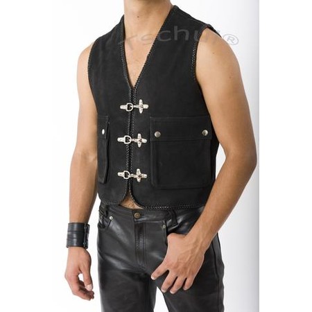 Black suede leather vest closes with buckles with pockets​