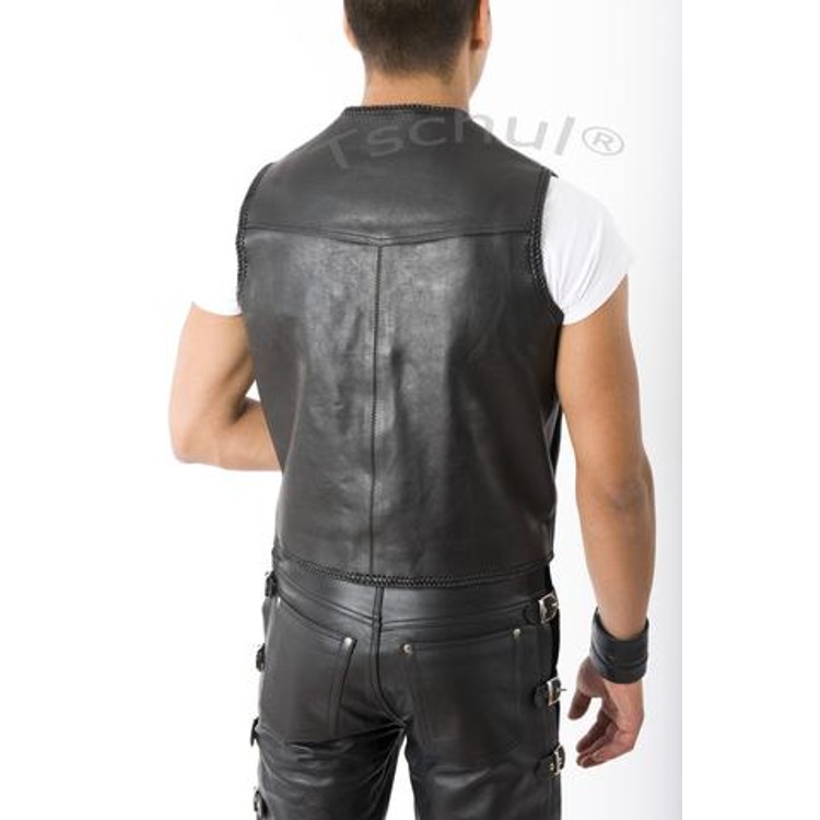 Black premium leather vest closes with buckles​