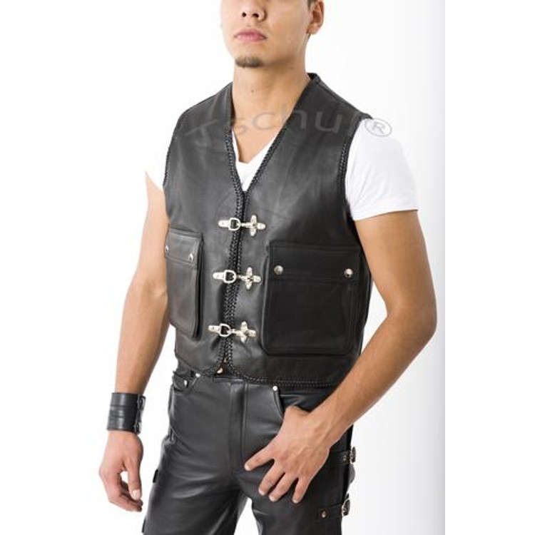 Black premium leather vest closes with buckles​