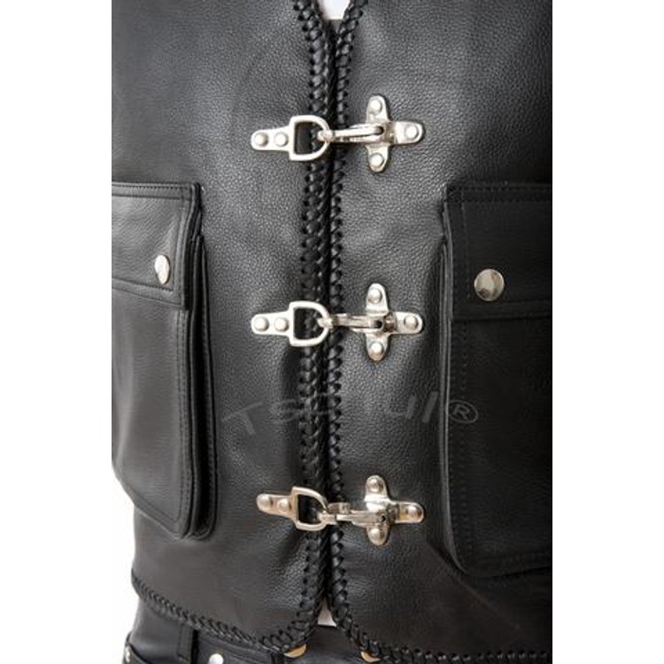 Black premium leather vest closes with buckles​