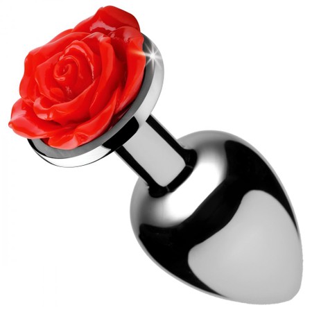 A small metallic butt plug with a red rose ornament​