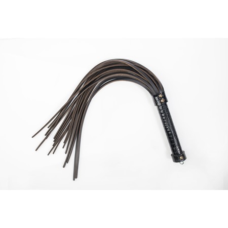 High quality handmade leather flogger with a handle in black faux snake skin texture with dense tails​​​​​​