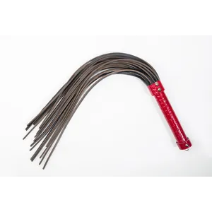 High quality handmade leather flogger with a handle in red faux snake skin texture with dense tails​​​​