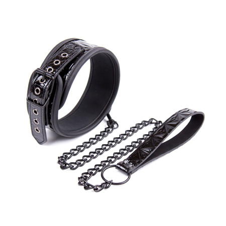 Glossy Black Submissive Collar and Leash Set