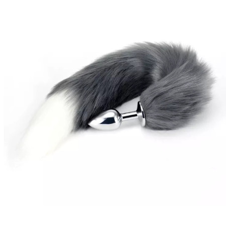 Long faux fur tail in gray with a white tip and a small metal plug​