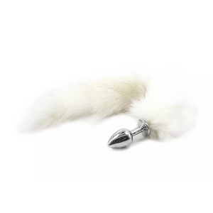 ​Long white tail made of faux fur with a small metal plug​