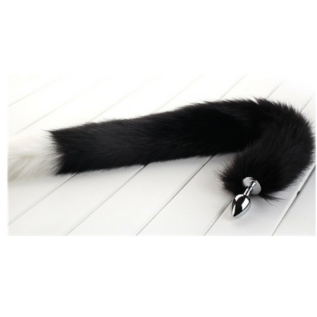 ​Long black tail with a white tip of faux fur with a small metal plug​