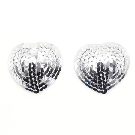 Heart-shaped silver sequined nipple covers