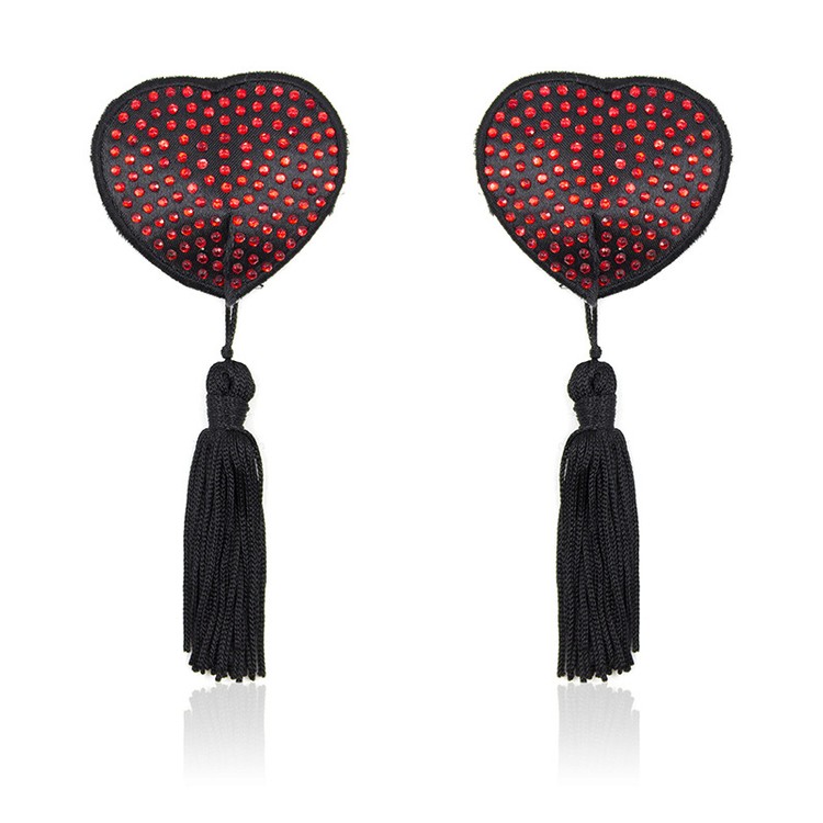 כיסויי פטמות שחורים בצורת לב עם אבנים אדומות וגדילים