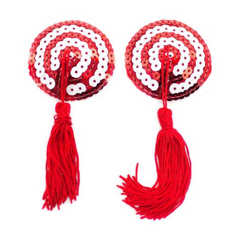 Red-white target patterned nipple covers with tassels