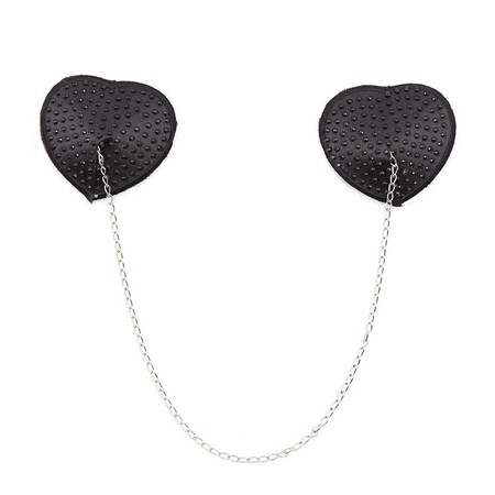 Nipple covers in the shape of a black heart inlaid with dots with a silver chain attached