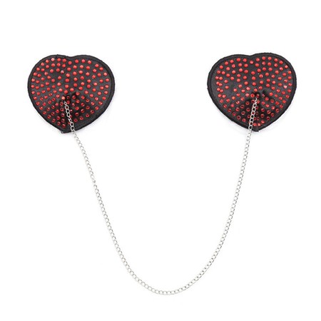 Black heart-shaped nipple covers set in red stones with a silver-silver chain
