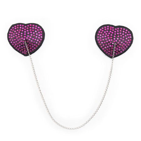 Black heart-shaped nipple covers inlaid with pink dots with a silver chain