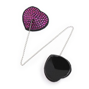 Black heart-shaped nipple covers inlaid with pink dots with a silver chain