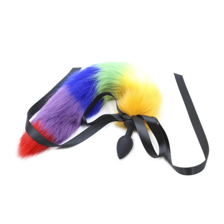 Black plug with a synthetic fur tail in rainbow colors