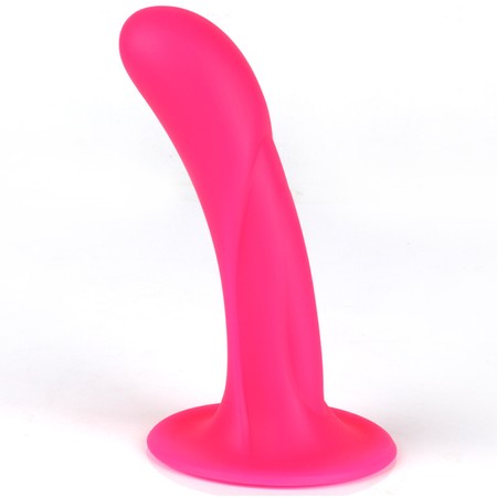 Curved medium pink dildo with a wide strap-on base