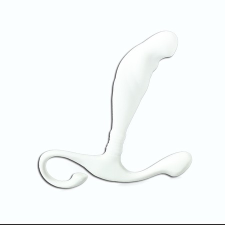 Curved white prostate massager at the tip with delightful roughness waves