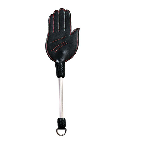 black leather hand shaped spanker with metal grip handle​