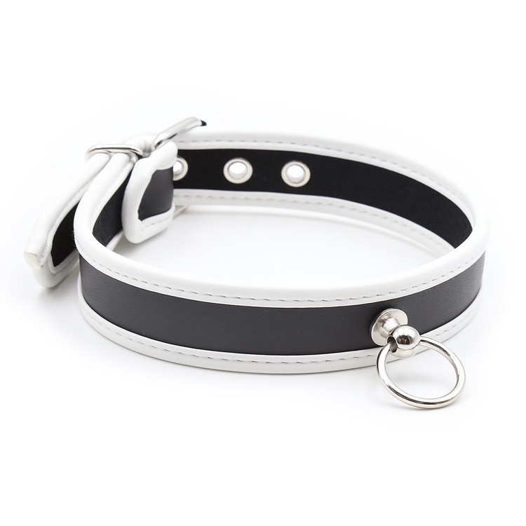 קולר דמוי עור שחור-לבן עם טבעת