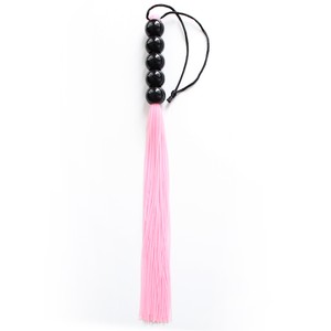 Pink cloth tail flogger with black plastic handle