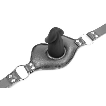 Black leather gag with a penis-shaped plug on the inside