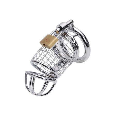 The Cage chastity belt for men made of silver metal with a lock and three rings in different sizes