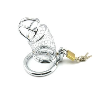 The Cage chastity belt for men made of silver metal with a lock and three rings in different sizes