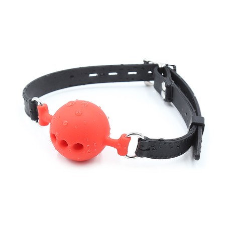Red silicone gag with breathing holes and comfortable silicone straps