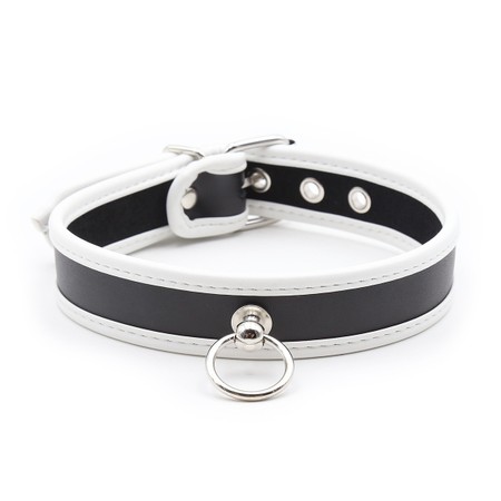 Black and white faux leather collar with a ring