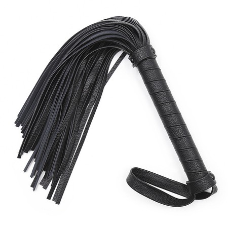 Black leather flogger with 30 cm long tails
