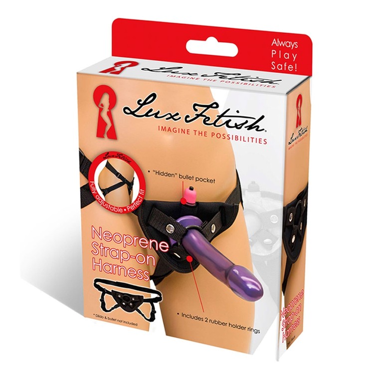 Neoprene רתמת סטרפאון נאופרן שחור עם כיס לבוליט רוטט Lux Fetish