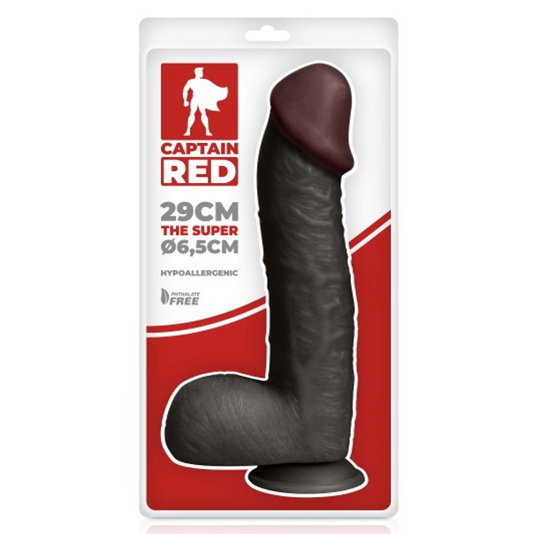 The Super Black של CAPTAIN RED דילדו ריאליסטי שחור מעוקל בקצה לגירוי מוגבר אורך 30 ס"מ עובי 5.7 ס"מ