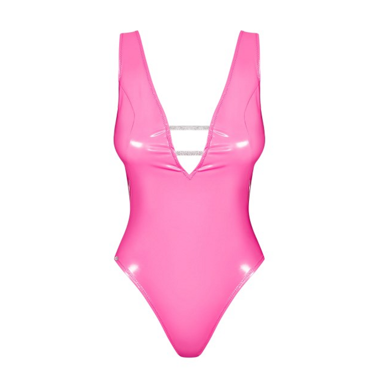 Lollypopy Teddy בגד גוף ורוד מבריק עם מחשוף עמוק L/XL