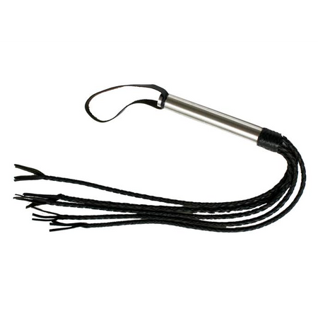 Flogger with 5 black leather braided tails with wide edges and a metal grip handle