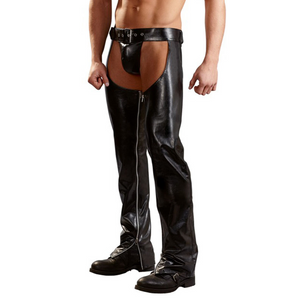 Men Black Fetish Pants with Open Crotch and Zippers