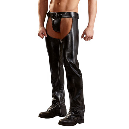 Men Black Fetish Pants with Open Crotch and Zippers