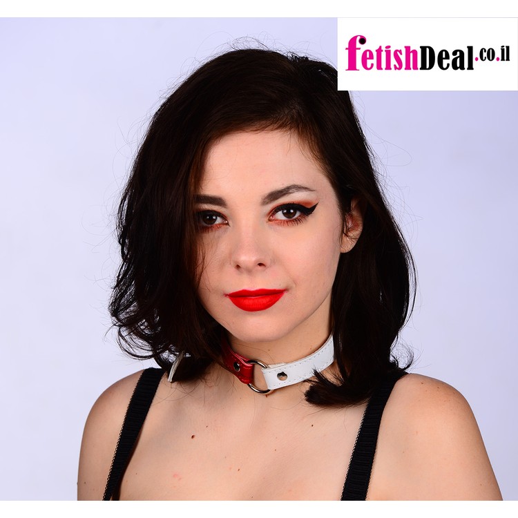 קולר עור אדום-לבן עם טבעת מתכת צמודה