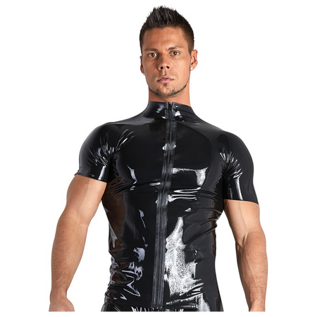 Men Black Shiny Zip Up Shirt