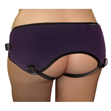 Lush purple strapon with harness and pocket for vibrator by Sportsheets​​